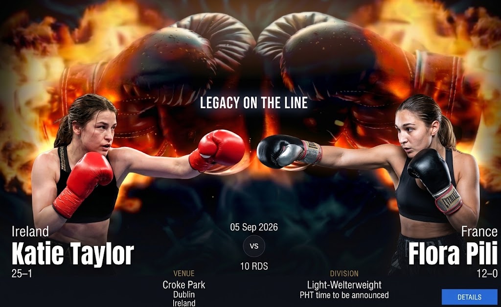 Katie Taylor and Flora Pili face off, gloves clashing above them